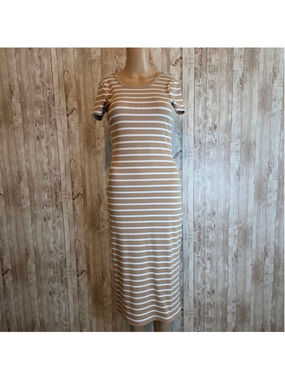 Women's No Comment Beige White Striped Ribbed Midi Dress S NWOT